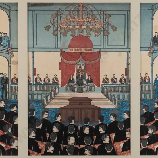 framed Japanese woodblock triptych print 1890 - the Imperial Diet in the Meiji Era H-340 W-730 (areas of foxing)