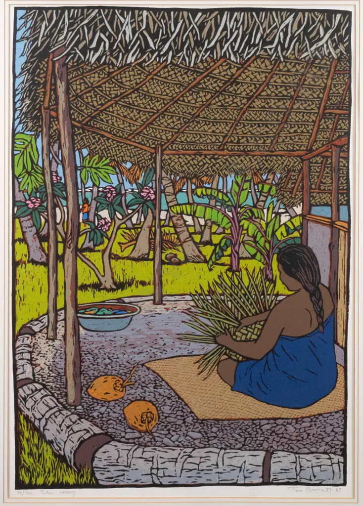 Tom Burnett '87 - framed screenprint 39/130 "Tutai Weaving" (very slight warping) Image 1++