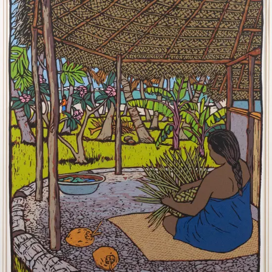 Tom Burnett '87 - framed screenprint 39/130 "Tutai Weaving" (very slight warping)