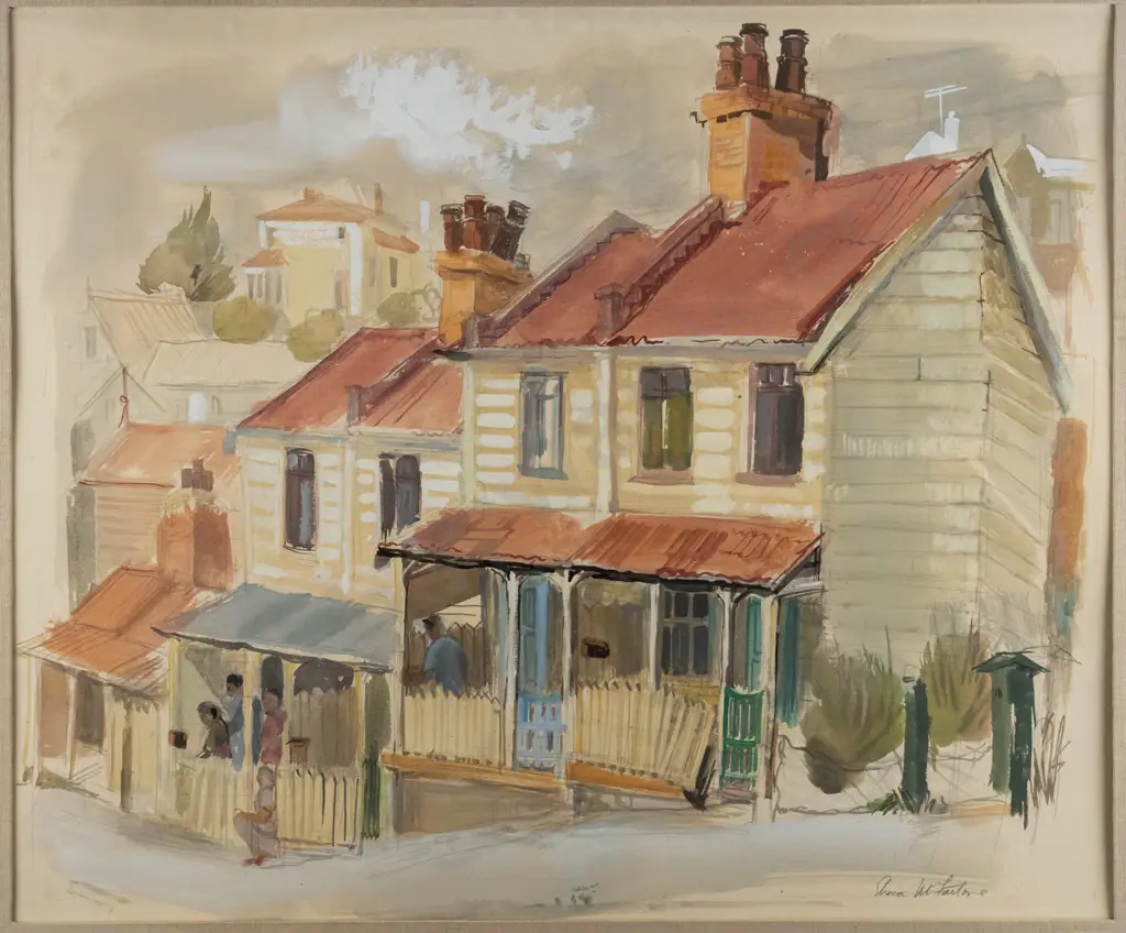 Shona McFarlane - framed watercolour - row of houses H-480 W-580 (underside of glass needs a clean) Image 1++