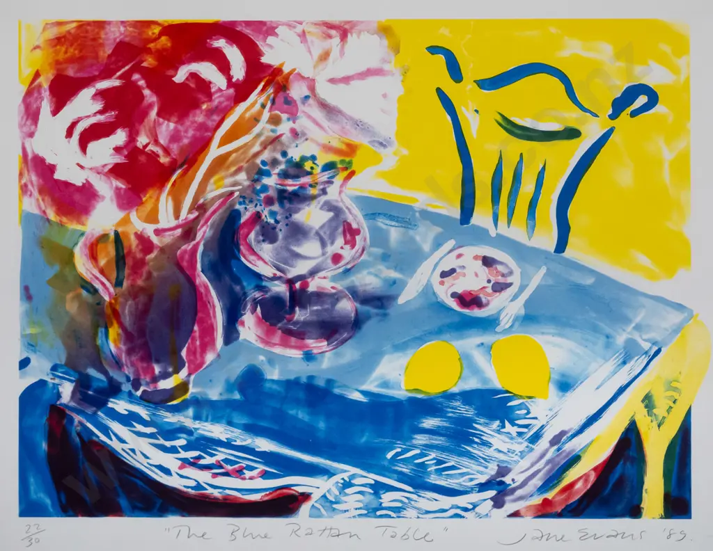 Jane Evans  '89 - framed lithograph 22/30 "The Blue Rattan Table" H-405 W-560 Image 1++