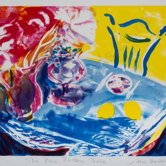 Jane Evans  '89 - framed lithograph 22/30 "The Blue Rattan Table" H-405 W-560