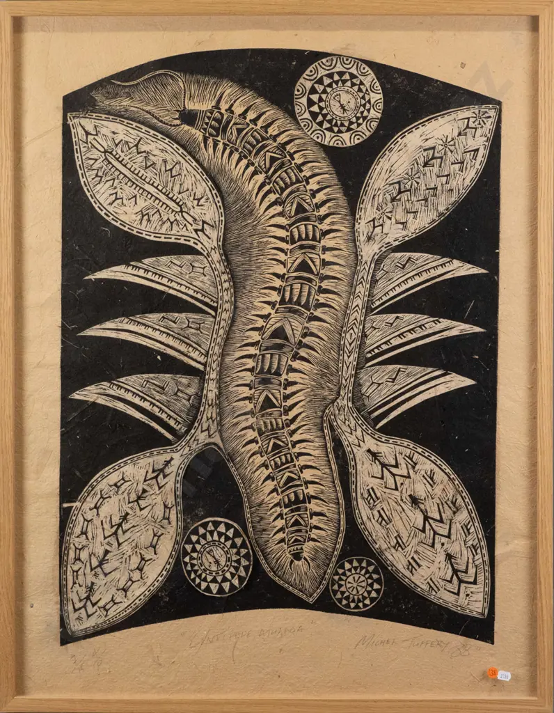 Michel Tuffery 1988 - framed woodcut on tapa cloth "Centipede, Atualoa" H-770 W-550 Image 1++
