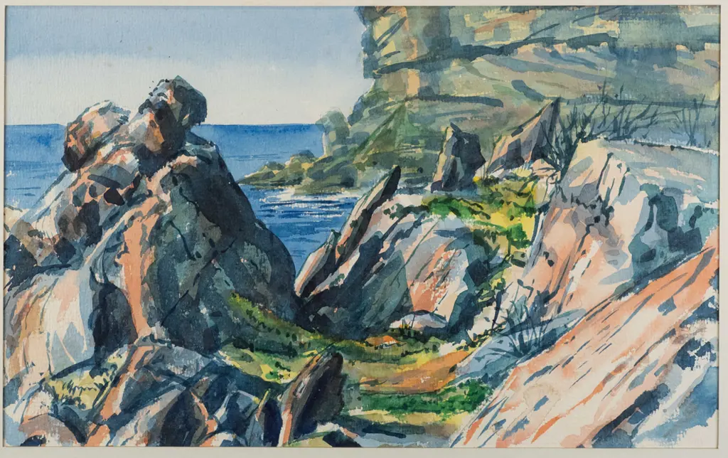 Paul Brocklebank 1970 - framed watercolour "Headland at Avalon Beach" H-280 W-450 (framing needs attention) Image 1++
