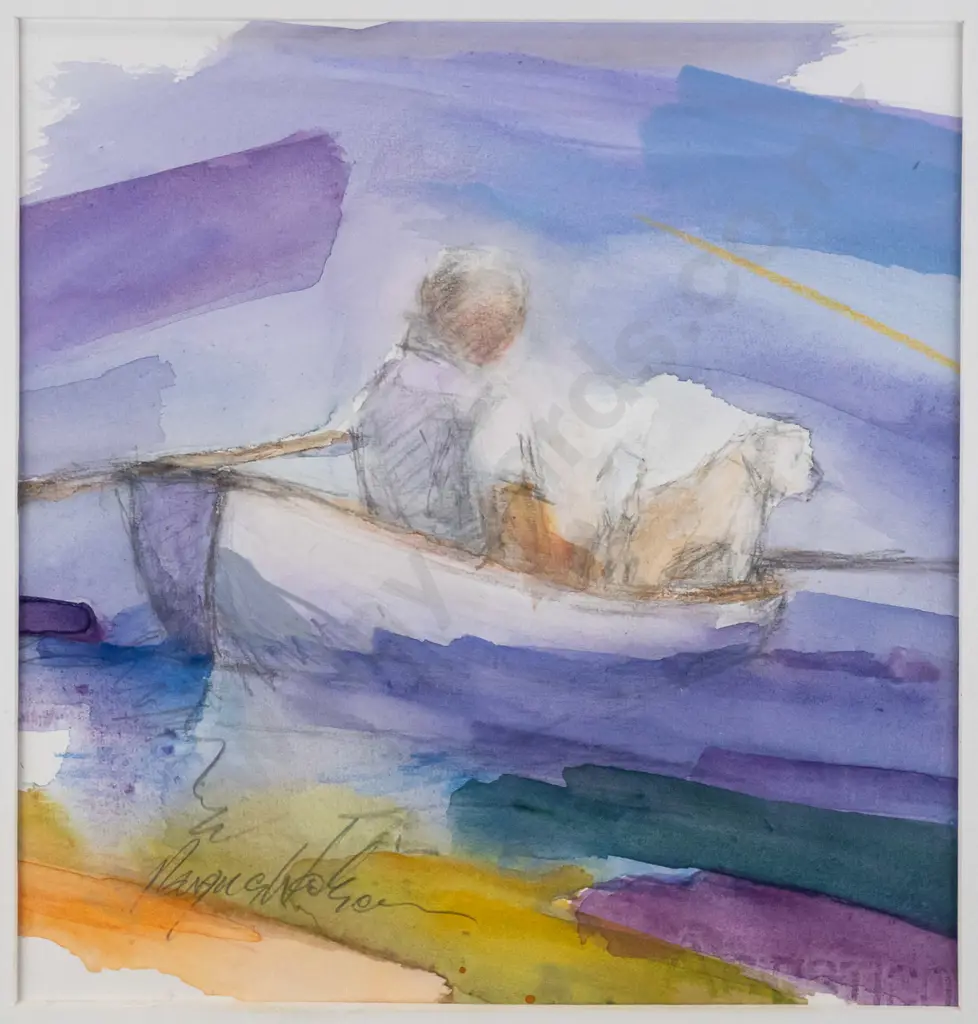 Angus Watson - framed watercolour - person and dog in dinghy H-220 W-220 Image 1++