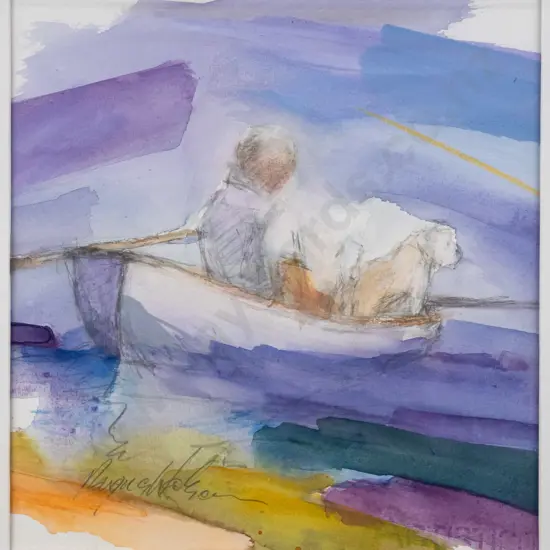 Angus Watson - framed watercolour - person and dog in dinghy H-220 W-220