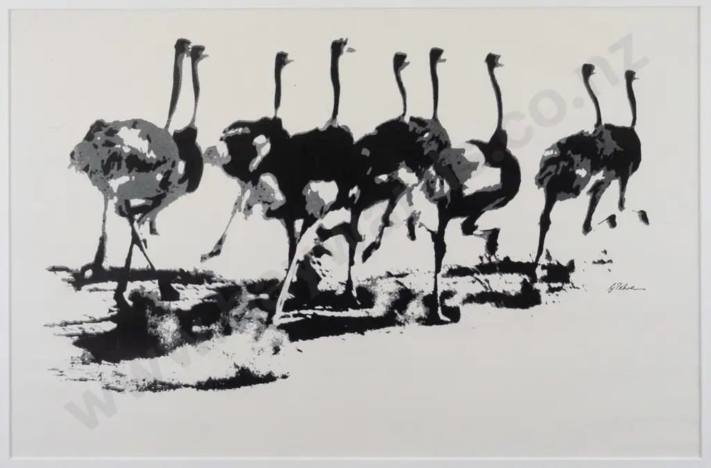 illegible signature - framed screenprint - ostriches H-290 W-430 Image 1++