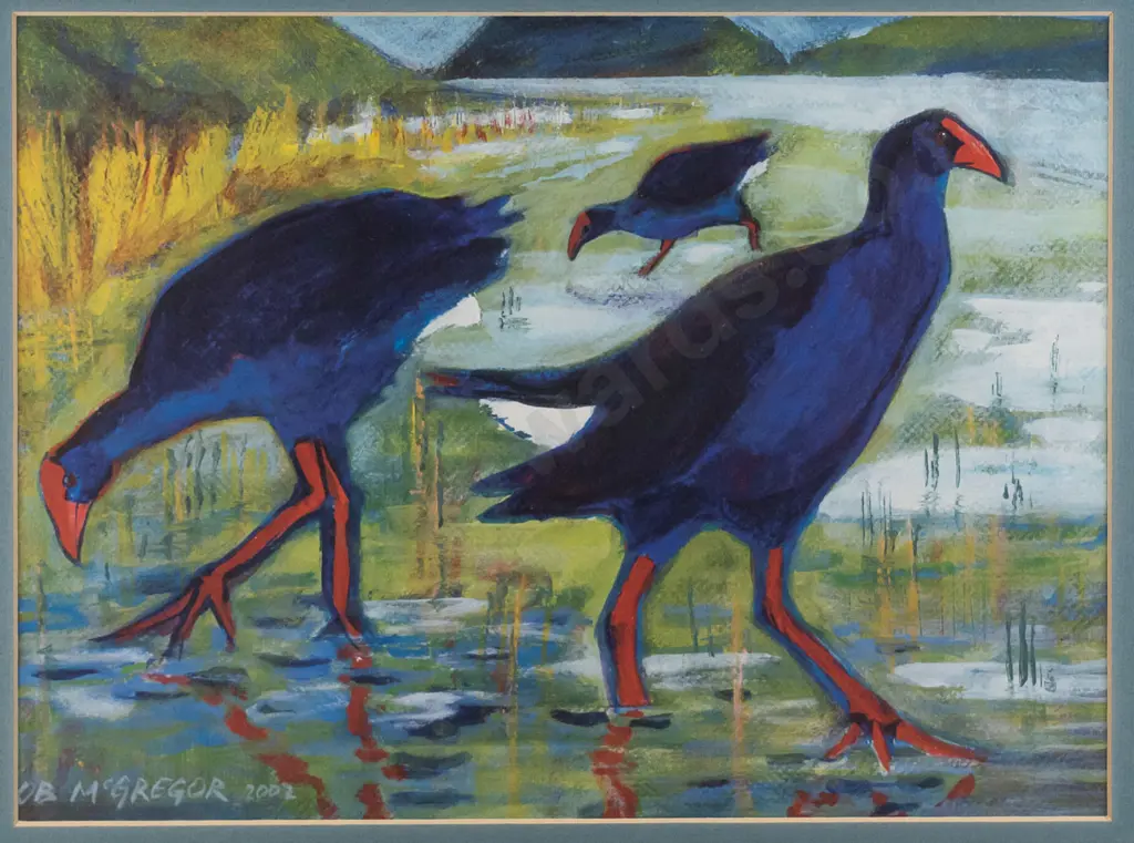 CB McGregor 2002 - framed watercolour - pukekos H-280 W-380 (framing needs attention) Image 1++