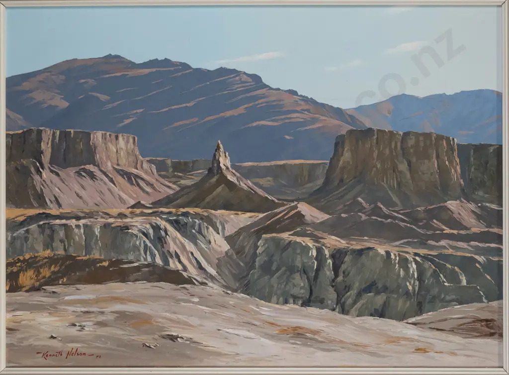 Kenneth Nelson 1972 - framed oil "Rock & Clay Formations, Bannock Diggings, Central Otago" H-470 W-670 Image 1++