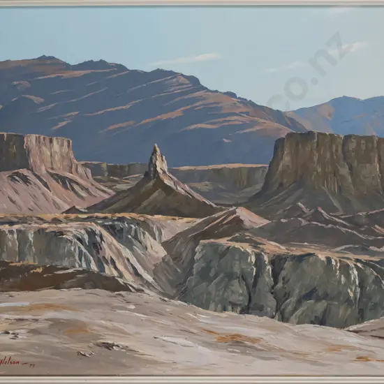 Kenneth Nelson 1972 - framed oil "Rock & Clay Formations, Bannock Diggings, Central Otago" H-470 W-670