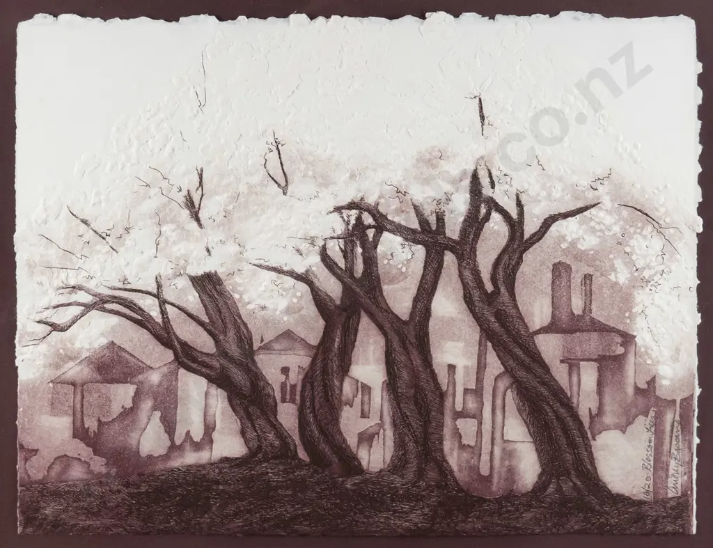 Audrey Bascand - framed etching 16/20 "Blossom trees" H-280 W-380 Image 1++