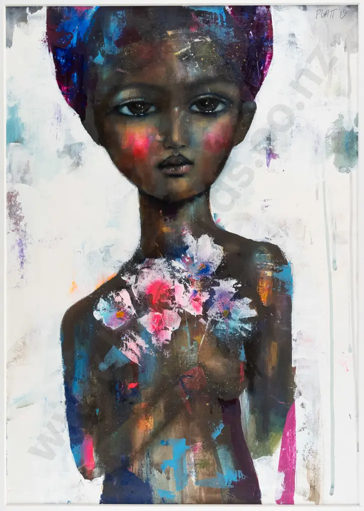 Suzy Platt 2019 - framed gouache and oil on paper "Eve With Flowers" H-575 W-400 Image 1++