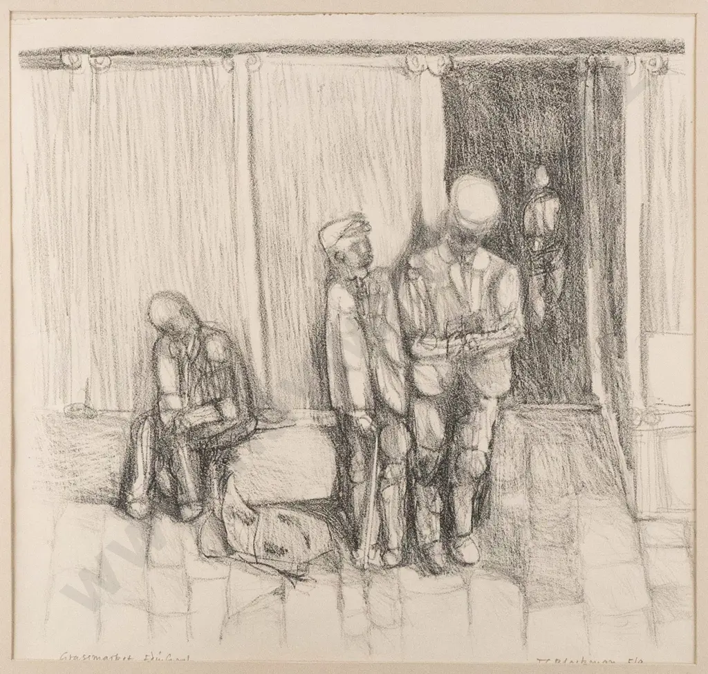 John Gary Blackman 1965  - framed pencil "Grass Market Edinburgh" H-330 W-370 Image 1++