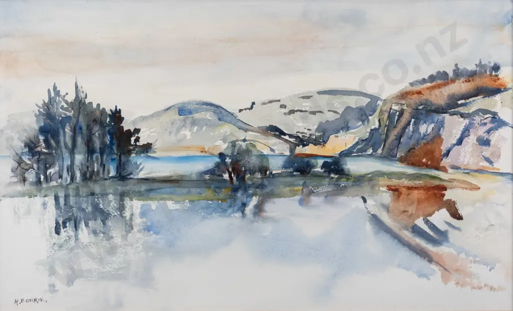 Helen Borrie - framed watercolour "Waitati Cliffs from Warrington Coast Road"H-285 W-470 Image 1++