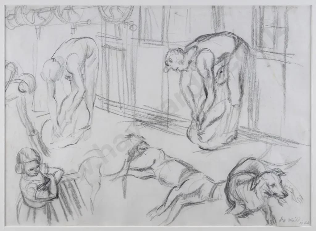 RN Field 1964 - framed pencil "Shearing Time" H-260 W-360 Image 1++