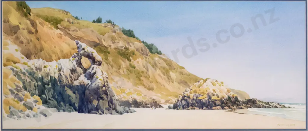 Ping Wang 2001 - framed watercolour "Aramoana Beach" H-320 W-760 Image 1++