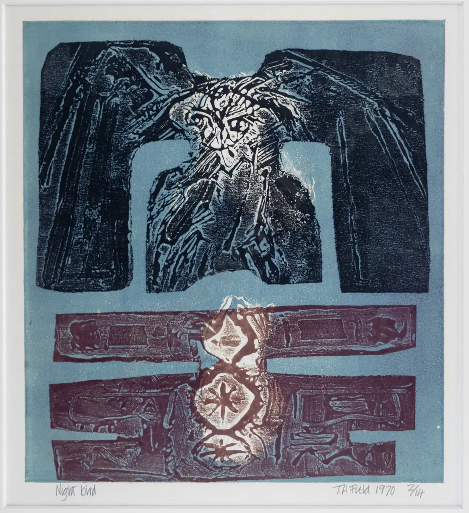 TA Field 1970 - framed screenprint 2/14 "Night bird" H-330 W-300 Image 1++