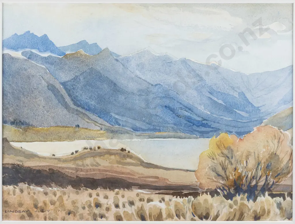 Lindsay Jolly - framed watercolour - lake and mountain scene H-260 W-330 Image 1++