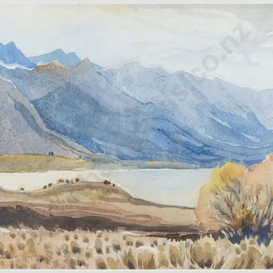 Lindsay Jolly - framed watercolour - lake and mountain scene H-260 W-330