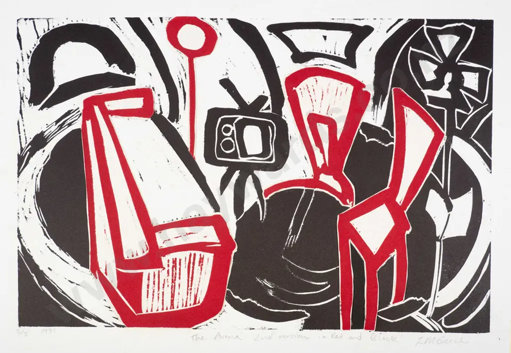 LM Beech 1991 - unframed screen print 2/5 "The arena 2nd version in red & black" H-280 W-420 (foxing) Image 1++