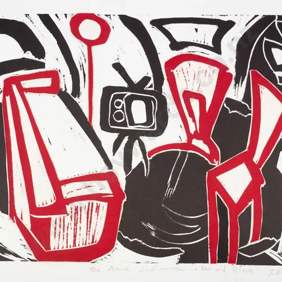 LM Beech 1991 - unframed screen print 2/5 "The arena 2nd version in red & black" H-280 W-420 (foxing)