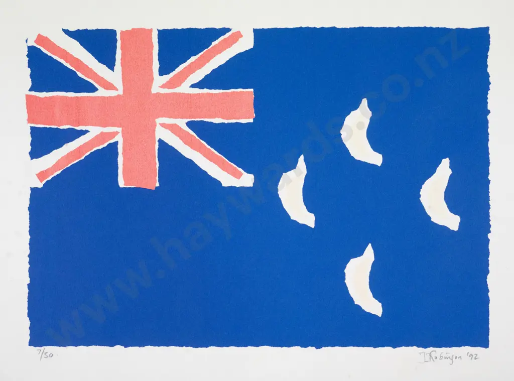 John  Robinson '92 - unframed linocut 7/30 "New Zealand flag H-280 W-405 Image 1++