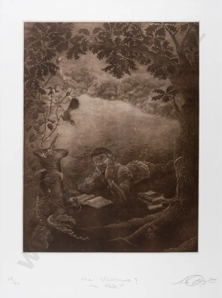 illegible signature 2000 - framed ltd edition print 37/40 "The Nightingale and the Rose" H-290 W-210 Image 1++