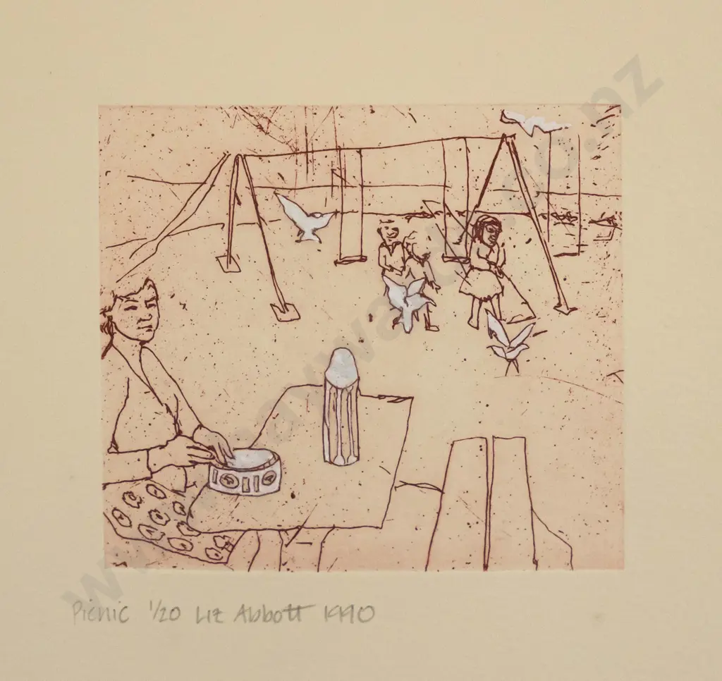 Liz Abbott 1990 - framed etching 1/20 'Picnic" H-75 W-75 (Slight foxing to mat) Image 1++