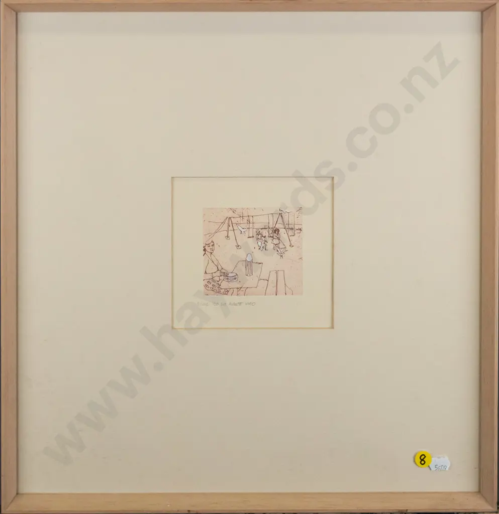Liz Abbott 1990 - framed etching 1/20 'Picnic" H-75 W-75 (Slight foxing to mat) Image 1++