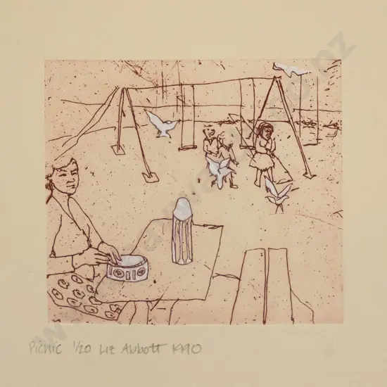Liz Abbott 1990 - framed etching 1/20 'Picnic" H-75 W-75 (Slight foxing to mat)