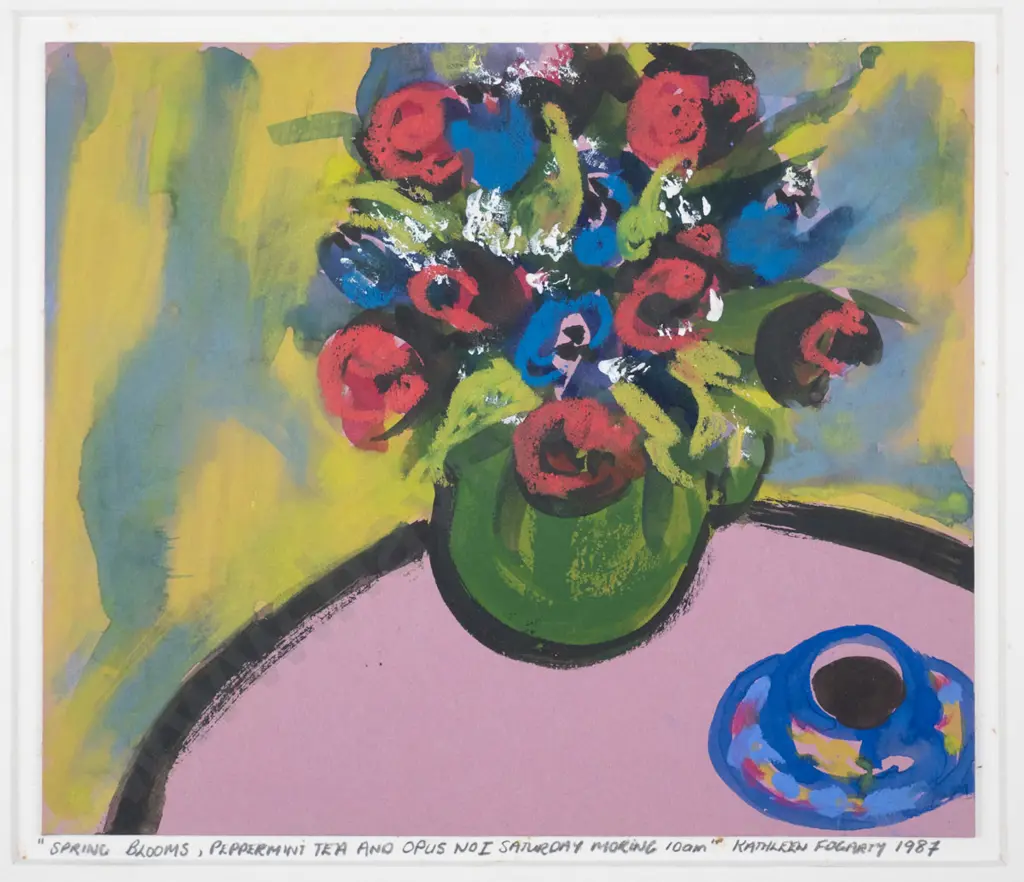 Kathleen Fogarty 1987 - unframed watercolour - "Spring blooms, peppermint tea" H-160 W-190 Image 1++