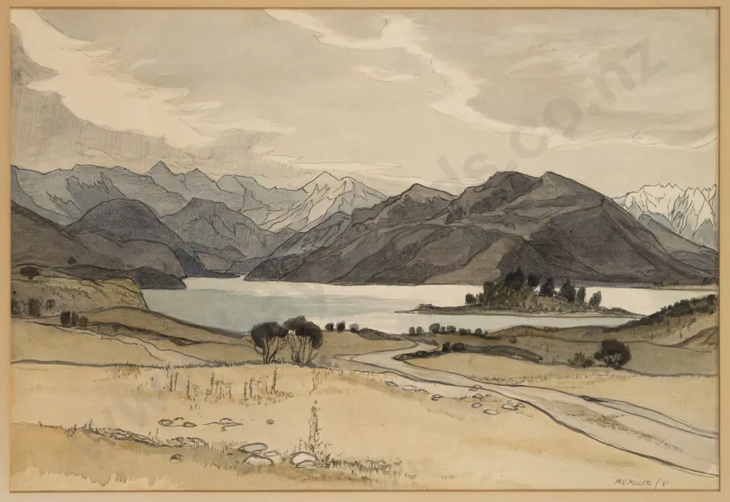 HV Miller '81 - framed watercolour "Glimpse of Lake Wanaka from the road to Glendhu" H-310 W-440 Image 1++