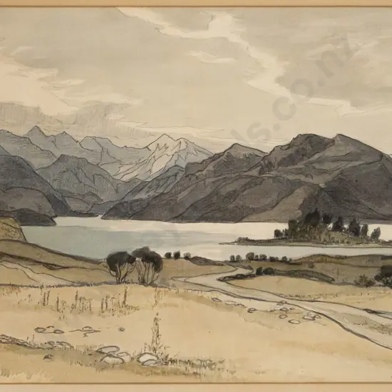 HV Miller '81 - framed watercolour "Glimpse of Lake Wanaka from the road to Glendhu" H-310 W-440
