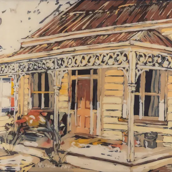 Victoria Gray - framed batik " 110 Harbour Terrace - Student Flat Series" H-430 H-580