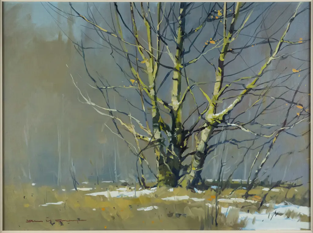 John Crump 1984 - framed oil "Early Winter Sycamores, Speargrass Flat, Arrowtown" H-390 W-530 Image 1++