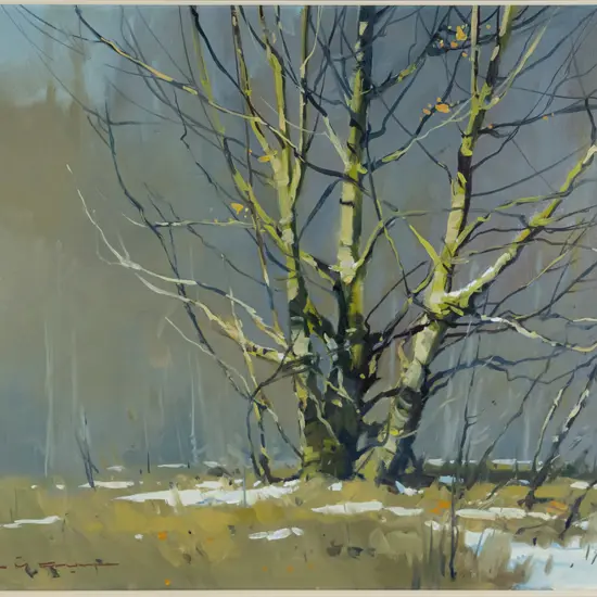 John Crump 1984 - framed oil "Early Winter Sycamores, Speargrass Flat, Arrowtown" H-390 W-530