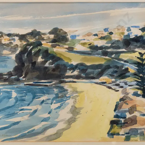 Paul Brocklebank '67 - framed watercolour "Bilgola Beach, NSW Australia" H-255 W-360 (fading to mat)