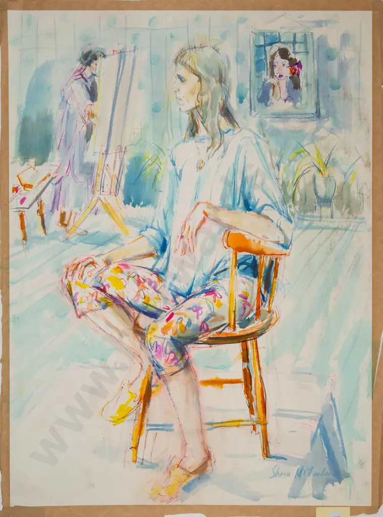 Shona McFarlane - unframed watercolour - seated artists model H-730 W-530 Image 1++