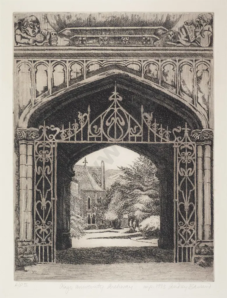 Audrey Bascand 1993 - unframed etching APII "Otago University Archway" H-305 W-225 Image 1++
