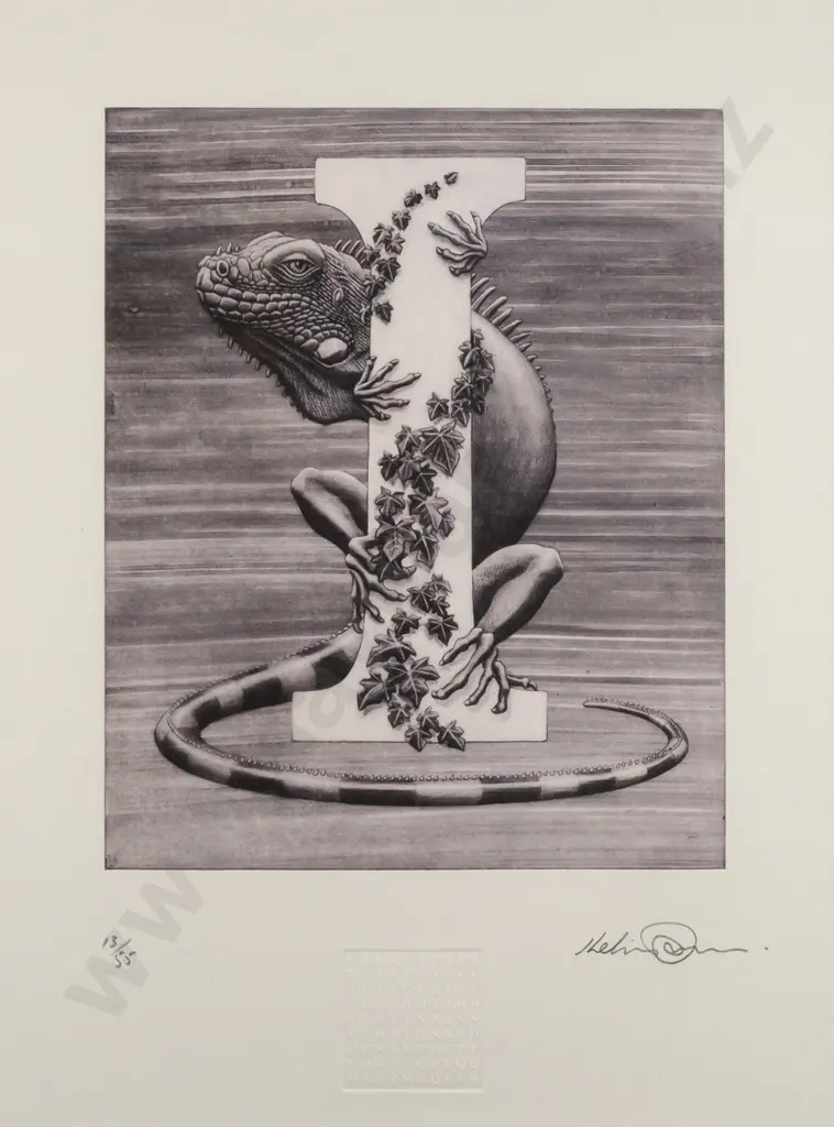 Kelvin Mann - framed etching 13/55 'I for Iguana and Ivy" H-240 W-195 Image 1++