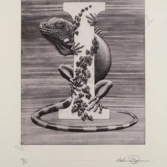 Kelvin Mann - framed etching 13/55 'I for Iguana and Ivy" H-240 W-195