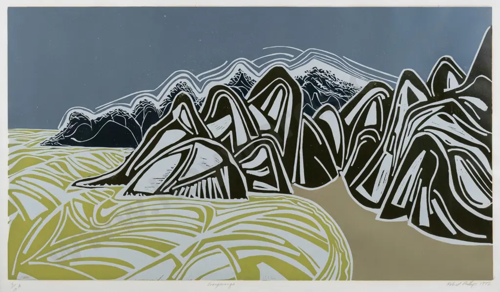 Robert Phillips 1972 - framed linocut "Orongorongo H-450 W-820 Image 1++