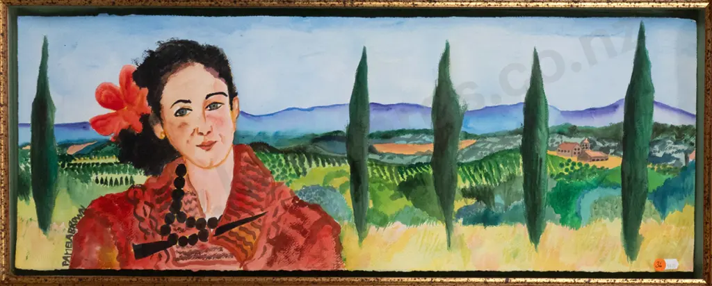 Pamela Brown - framed watercolour - female portrait H-280 W-770 Image 1++