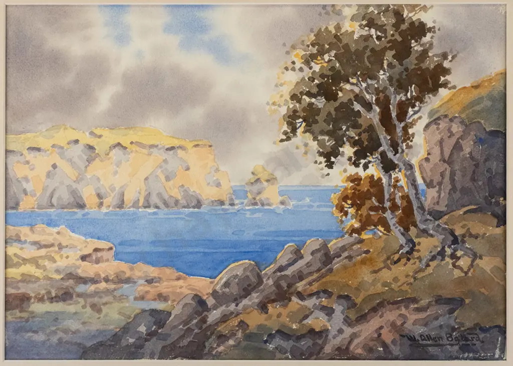 W Allen Bollard - framed watercolour - coastal scene H-250 W-340 Image 1++