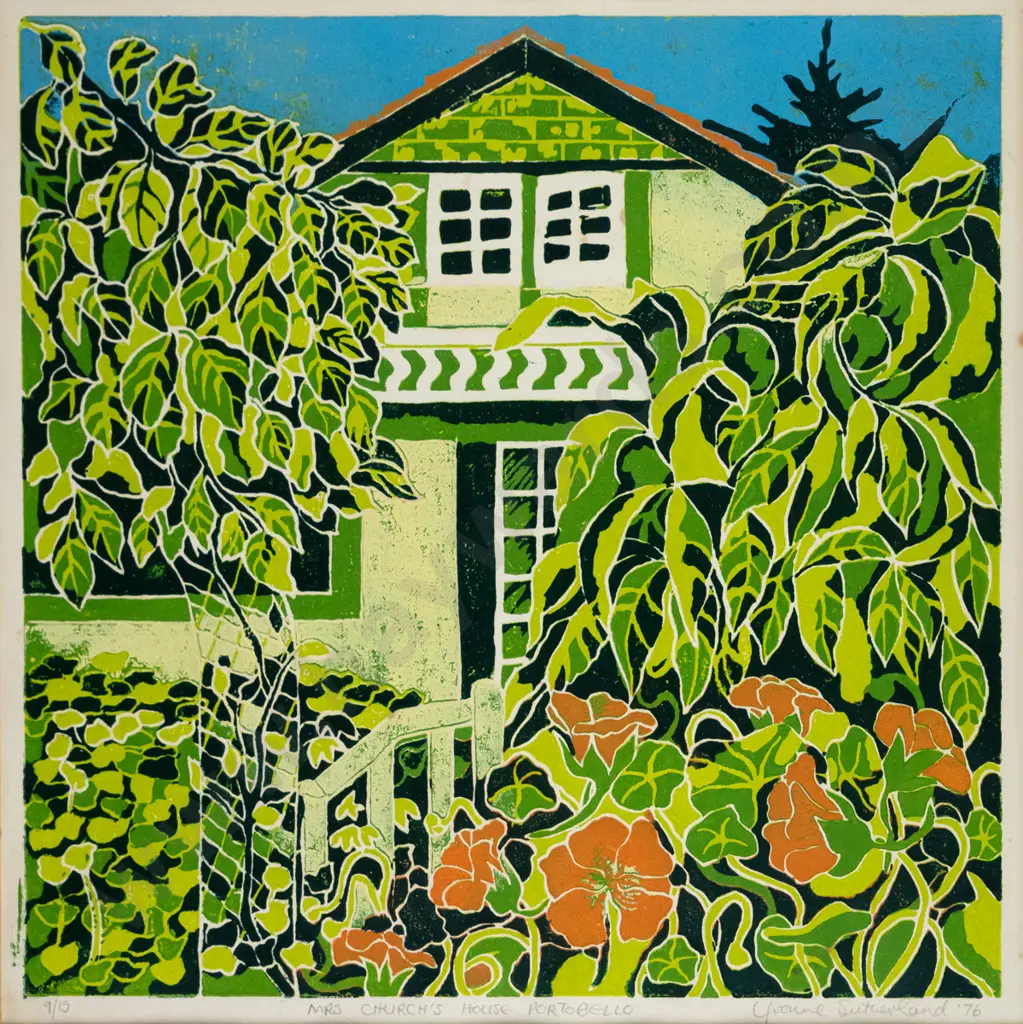 Yvonne Sutherland '76 -  framed screenprint 9/15 "Mrs Church's House Portobello" H-300 W-300 Image 1++
