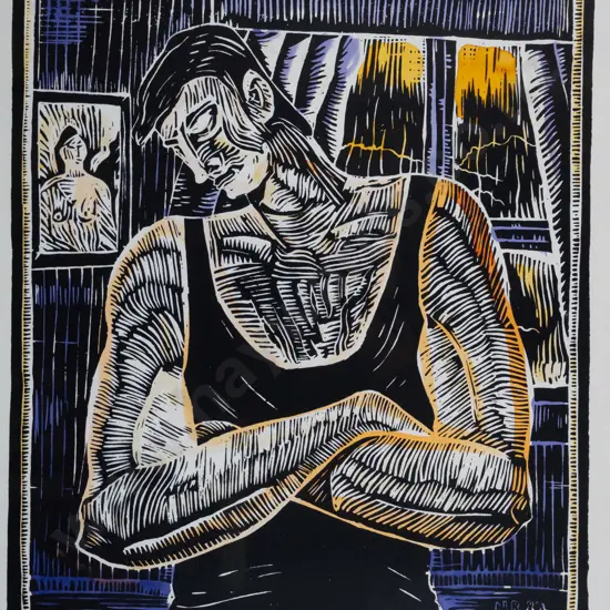 Nigel Brown 1982 - framed silkscreen "The Black Singlet" H-580 W-500