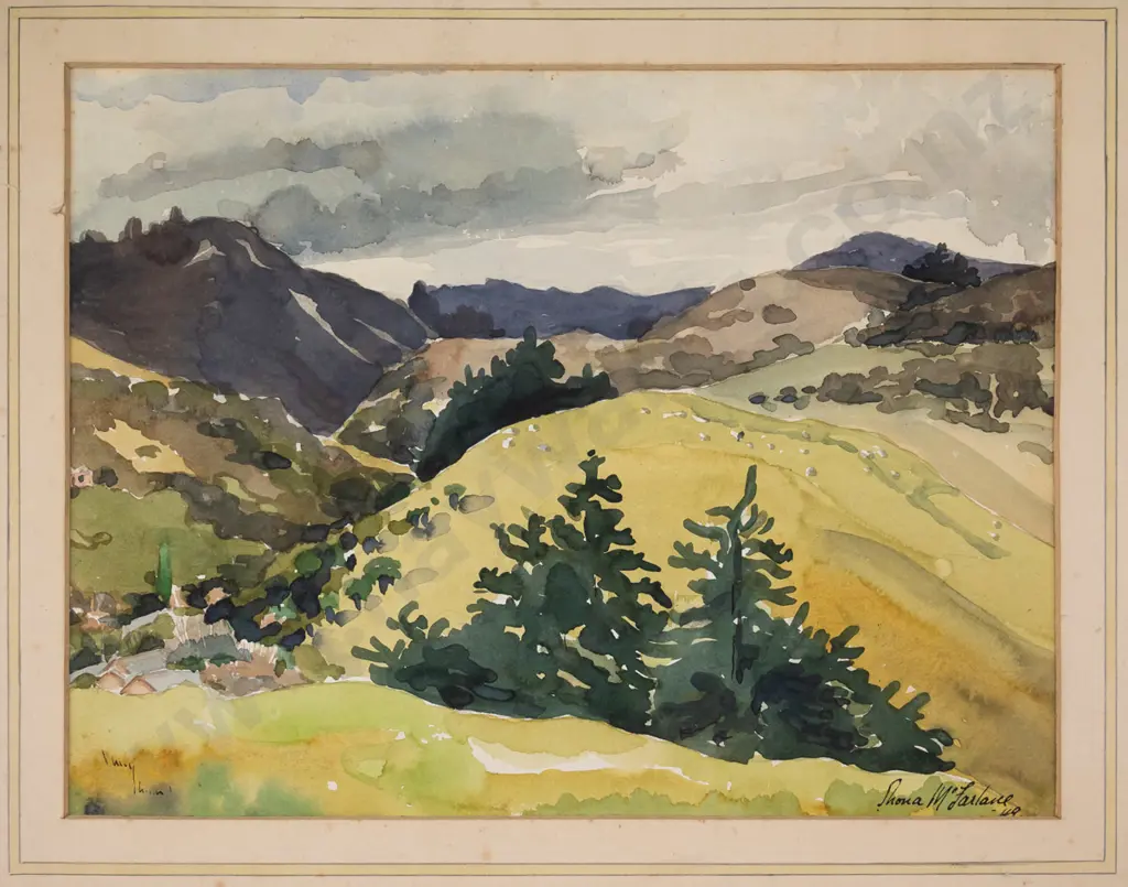 Shona McFarlane 49 - unframed watercolour - landscape H-215 W-280 (extensive foxing to mat) Image 1++