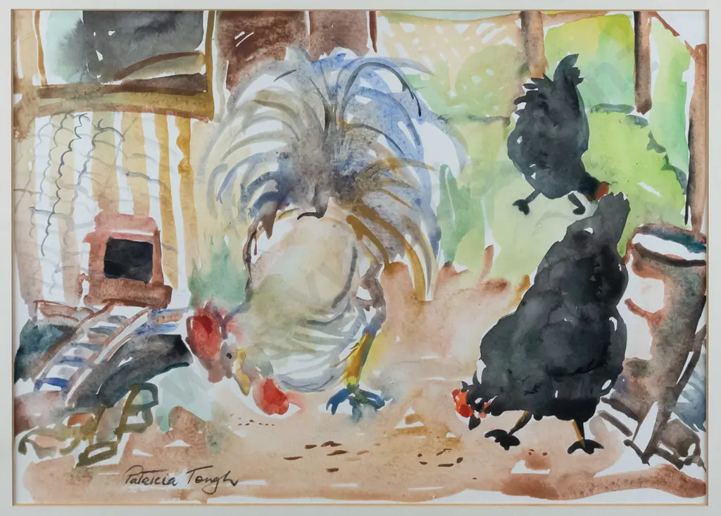 Patricia Tough - framed watercolour "Black Hens & Rooster" H-250 W-350 Image 1++
