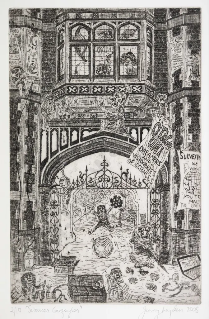 Jenny Leyden 2008 - framed etching 2/10 "Sciences Gargoyles" H-250 W-160 Image 1++