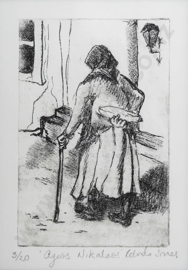 Belinda Innes - framed etching 3/20 "Agios Nikalaos" H-210 W-140 Image 1++